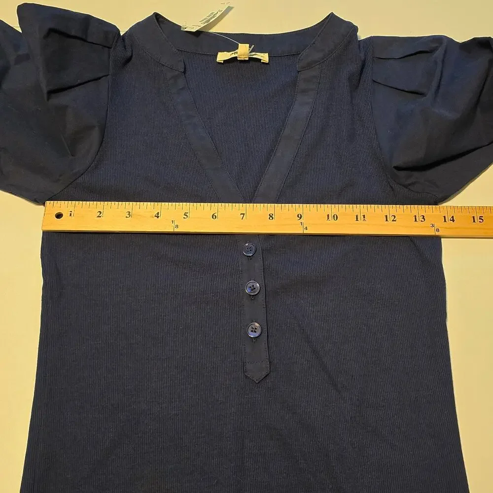Madewell Puff Sleeve Henley Knit Top Womens Size XS Navy Blue Modal Blend NWT